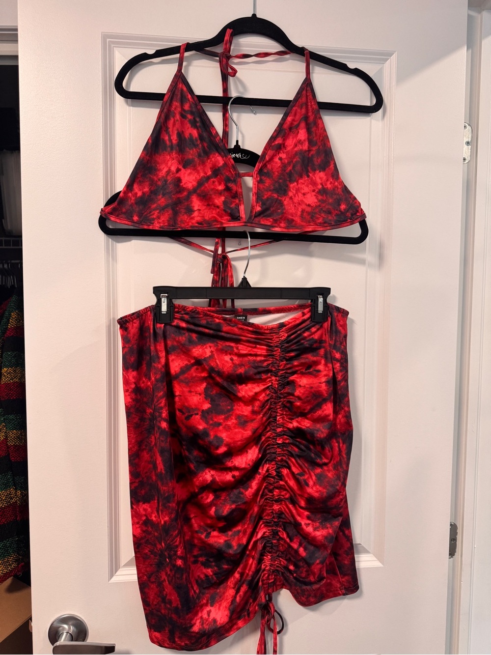 Red Tie-Dye Ruched Mini Skirt & Top Plus Size